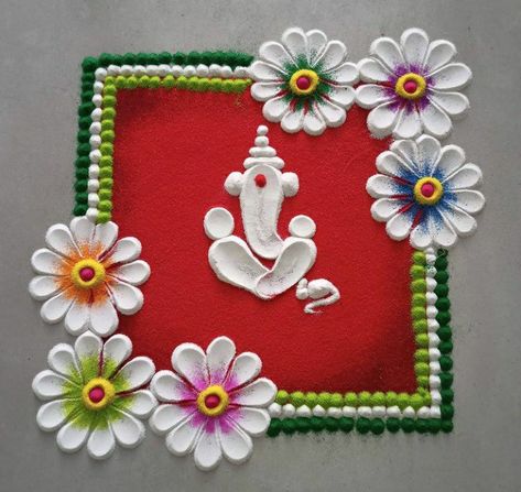 Shree Rangoli Design, Rangoli For Ganesh Festival, Ganesh Rangoli Easy, Rangoli Ganesh Design, Rangoli Designs For Ganpati, Ganesha Rangoli Design Simple, Ragoli Color Design Simple, Easy Simple Rangoli Designs, Ragoli Color