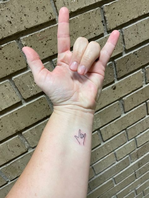 American Sign Language ASL I Love You Tattoo Ily Sign Tattoo, Small I Love You Tattoo Sign Language, Love Hand Sign Tattoo, Ily Hand Sign Tattoo, Slp Tattoo Ideas, Asl I Love You Tattoo Simple, I Love You Hand Tattoo, I Love You Sign Language Tattoo Simple, Asl I Love You