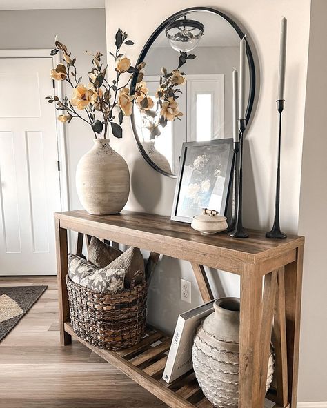 How to Style a Console Table — 22 Stunning Console Table Decor Ideas – May the Ray How To Decorate A Console Table, Hallway Table Decor, Farmhouse Entry Table, Rustic Entryway Table, Console Table Entryway, Entry Table Decor, Farmhouse Console Table, Console Table Styling, Rustic Entryway