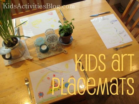 A lovely way to use kids art - make personalised place mats. Great #kidscraft idea. How To Make Placemats, Diy Placemats, Thanksgiving Placemats, Placemats Kids, Diy Thanksgiving, Kids Artwork, Art Activities For Kids, Kids' Crafts, How To Make Diy