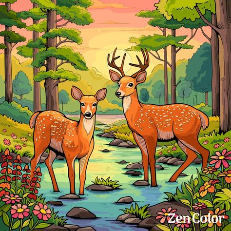 Creek Illustration, Woods Illustration, Easy Scenery Drawing, Deer Crossing, Canvas Art Painting Acrylic, Sika Deer, Buddha Art Drawing, Baby Animal Drawings, شال كروشيه