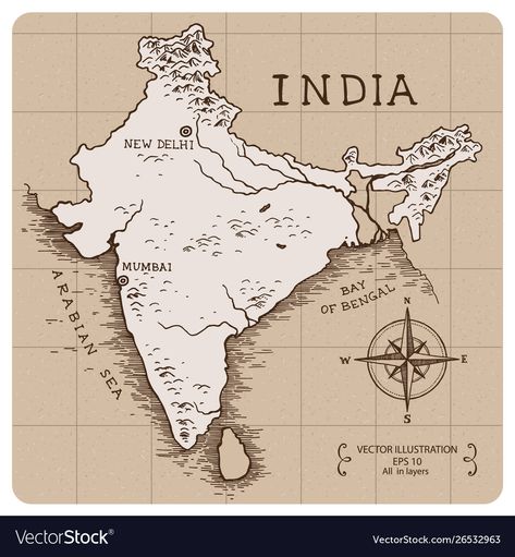 Map Of India, How To Draw Indian Map, India Drawing, Hand Drawn Maps, India Illustration, India Map Asthetic Picture, Vintage Map Aesthetic, India Map Aesthetics, India Map Illustration Art