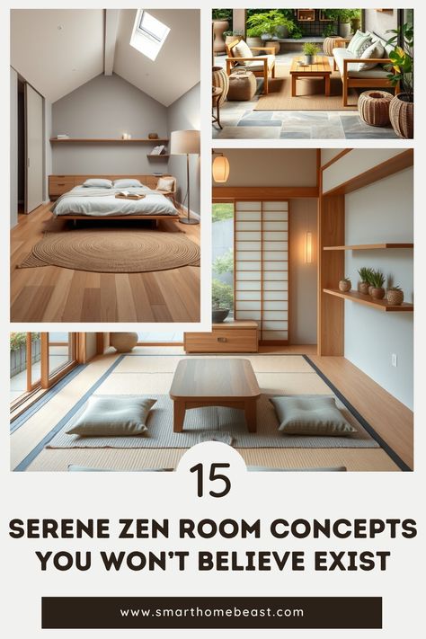 A collage showcasing serene zen room concepts, featuring minimalist bedrooms, calming living spaces, peaceful meditation rooms, and zen-inspired outdoor retreats designed for tranquility and relaxation. Zen Architecture, Architecture Living Room, Zen Interior Design, Minimalist Bedrooms, Peaceful Meditation, Zen Interiors, Zen Room, Meditation Area, Calm Your Mind