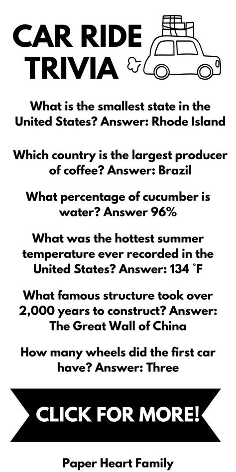 Looking for some car ride games? This car ride trivia is a definite winner! These questions and answers include tons of vacation-related topics that will get you in the mood for your vacation. What are you waiting for? Click through for these fun road trip trivia questions and answers. Car Ride Questions, Car Ride Games, Car Trip Games, Conversation Starters For Kids, Free Homeschool Resources, Road Trip Activities, Car Trip, Elderly Activities, Rainy Day Fun