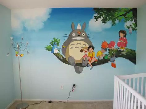 Since you guys seemed to like my Ghibli/Pixar/Disney undersea mural, here's a Ghibli characters only one I did in our previous apartment. - Imgur Undersea Mural, Totoro Nursery, Nursery Mural, Murals For Kids, Studio Ghibli Movies, Studio Ghibli Art, Ghibli Movies, Ghibli Art, My Neighbor Totoro