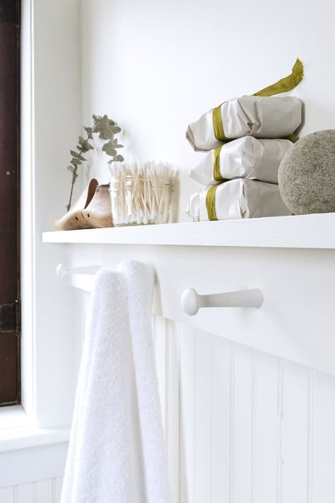 The Grit and Polish - Farmhouse Bathroom with shaker peg shelf Shaker Peg Shelf, Peg Shelf, The Grit And Polish, Grit And Polish, Peg Rail, Shaker Pegs, Ikea Curtains, Cottage Bathroom, Laundry Room Remodel