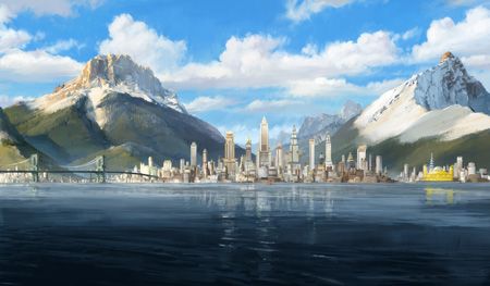 pictures of republic city | Republic City's skyline during the day. Republic City, Water Tribe, Diesel Punk, The Legend Of Korra, Mountain Wallpaper, Fire Nation, Avatar World, Avatar Aang, Future City