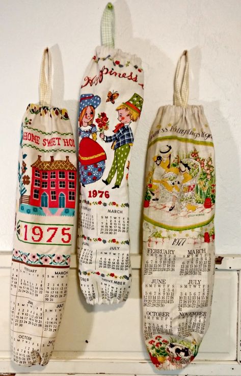 Repurposed Calendar Tea Towels Tea Towels Crafts, Vintage Calendar, Upcycled Gifts, Plastic Bag Holders, Vintage Tea Towels, Towel Crafts, Linens And Lace, Vintage Sheets, Vintage Cottage