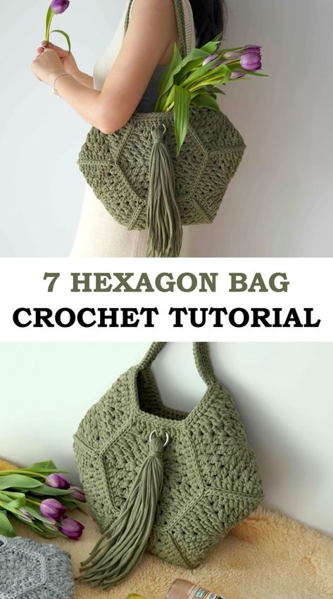 Crochet 7 Hexagon Bag - Love Crochet Purse Patterns Crochet, Crochet Bag Hexagon, Hexagon Crochet Bag Patterns, Hexagon Bag Pattern, Graphgram Crochet, Cute Crochet Purse Free Pattern, Crochet With Small Amount Of Yarn, Crochet Hexagon Purse, Crochet Hexagon Bag Pattern