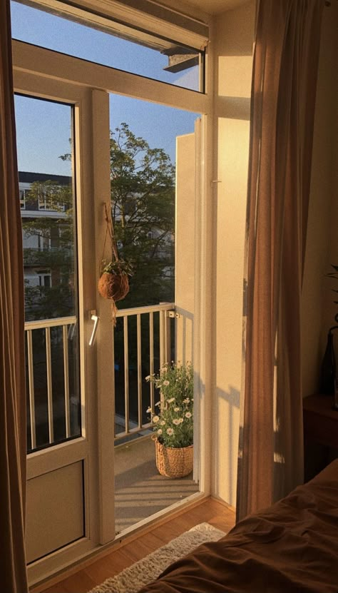 view from the bedroom on the balcony #browninterior #goldenhour Room Ideas With Balcony Door, Bedroom Inspirations Balcony, Balcony For Bedroom, Small Bedroom Ideas With Balcony Door, Minimalist Bedroom With Balcony, Big Bedroom With Balcony, Cozy Bedroom With Balcony, Bedroom With Balcony Aesthetic, Bedroom Balcony Doors