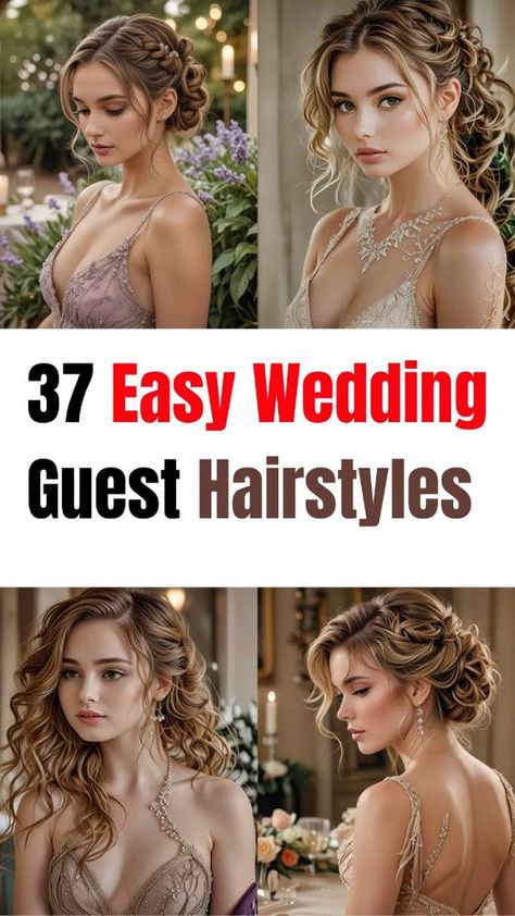 Discover easy wedding guest hairstyles that are perfect for any celebration! Whether you're attending a casual outdoor wedding or a formal black-tie event, these simple wedding guest hairstyles are elegant and effortless to create. From chic updos to soft waves, these looks are sure to make you shine without taking hours to style. Explore the best quick wedding hairstyles that will have you ready in no time! Perfect for all hair types and lengths. Formal Hairstyles Layered Hair, Easy Hairstyles For Cocktail Party, Easy Hair For Formal Event, Bridesmaid Hairstyles For Medium Length Hair, Wedding Guest Hair Up Do, Hair For Black Tie Event, Formal Hairstyles For Medium Hair Classy, Wedding Guest Hairstyles Diy, Elegant Hairstyles For Wedding Guest