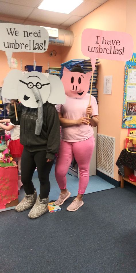 Kids Storybook Character Costumes, Gerald And Piggie Costume, Piggy And Gerald, Storybook Character Day, Book Character Costumes For Kids, Gerald And Piggie, Piggy Costume, Vocabulary Parade, Storybook Character Costumes