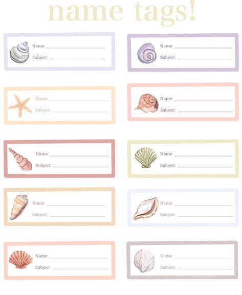 i couldn’t find any cute name tages so i made this one! #tag #name #shell #sea #pastel #cute Notebook Name Stickers Printable, Name Tag For Notebook Printable, Book Name Tags Aesthetic, Notebook Label Ideas, Name Tags For School Books, Aesthetic Notebook Labels, Sticker Name Labels Aesthetic, Aesthetic Name Tags For School, Name Tag For Notebook