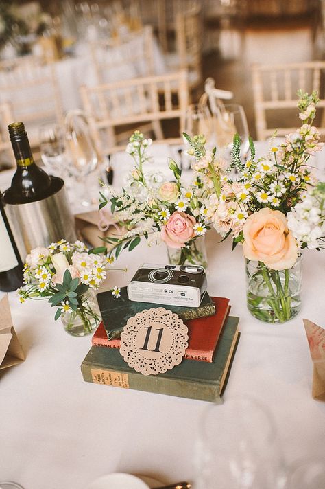 A Bridal Flower Crown For A Pretty Peach, Paper Crane, DIY Wedding  Peach rose table centre pieces.  http://www.elliegillard.com/ Book Centerpieces, Wedding Guest Table, Book Themed Wedding, Doily Wedding, Vintage Wedding Table, Table Flower Arrangements, Victoria Wedding, P90x, Bridal Flower Crown