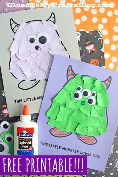 Torn Paper This Little Monster Loves You Craft - Glued To My Crafts Tear Paper Art For Preschool, Halloween Craft Preschool Art Projects, Halloween Art And Crafts For Toddlers, Zombie Preschool Craft, Spooky Week Preschool, Candy Corn Monster Craft, Prek Halloween Crafts Easy, Monster Science Preschool, Letter I Halloween Crafts