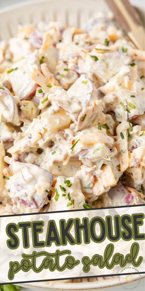 Steakhouse Potato Salad is a creamy loaded version of classic potato salad. Soft red potatoes are smothered in a creamy dijon mustard dressing and then it's loaded with all the steakhouse mix-ins like bacon, shredded cheese, onion, and dill pickles. This potato salad is the best side dish recipe for any gathering, potluck, BBQ, or summertime picnic. Steakhouse Potato Salad, Dijon Mustard Dressing, Potluck Bbq, Steakhouse Potatoes, Creamy Dijon, Best Side Dish, Bbq Salads, Classic Potato Salad, Bbq Side Dishes