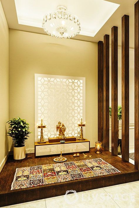 pooja-room-design-with-backlit-jaali Pooja Unit Designs, Small Pooja Room Ideas, Designs For Apartments, Pooja Units, Pooja Room Ideas Indian, Pooja Room Designs, House Hall Design, Pooja Unit, Panel Ideas