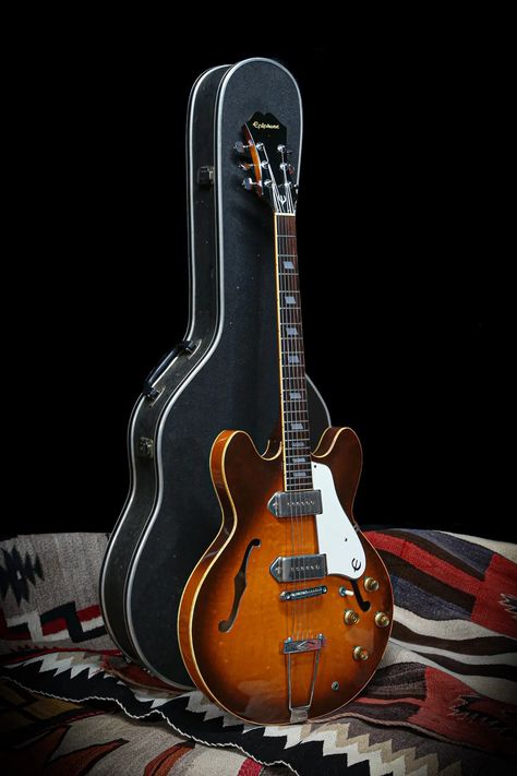 1970's Epiphone Casino Blue Label "Sunburst" Epiphone Riviera, Epiphone Sheraton Ii Pro, Epiphone Masterbilt, Epiphone Casino, Epiphone Thunderbird, Music Aesthetic, Casino, Guitar, Blue