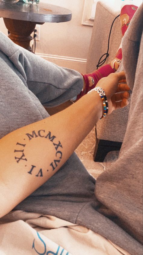 Tattoo ideas! Tattoo In A Circle, Birthday In Roman Numerals Tattoo, Roman Numeral Birthday, Roman Numerals Tattoo, Numerals Tattoo, Women Circle, Roman Numeral Tattoos, Inner Forearm, Forearm Tattoos