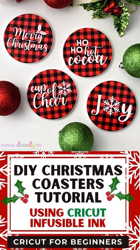 Today I am going to show you how to make these super cute Christmas coasters using your Cricut and infusible ink. I absolutely LOVE how these coasters turned out and this project is great for Cricut beginners! Cricut Projects | Cricut Projects Beginner | Easy Cricut Projects | Cricut Tutorial | Cricut Project Ideas | Cricut Iron-On Vinyl Tutorial | Cricut Christmas Projects | Cricut Christmas Ideas | DIY Cricut Apron | SVG | Cricut Files Christmas Coaster Ornaments, Diy Coasters Tile Cricut, Diy Coasters With Cricut, Coasters Infusible Ink, Christmas Coasters Cricut, Cricut Coaster Ideas Infusible Ink, Infusible Ink Coaster Ideas, Coaster Ideas Cricut, Christmas Coaster Ideas