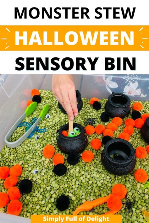 Halloween sensory bin - monster stew Halloween Sensory Table, Halloween Sensory Activities, Halloween Sensory Play, Halloween Sensory Bin, Halloween Activities Preschool, Toddler Sensory Bins, Classroom Halloween Party, Preschool Crafts Fall, Halloween Class Party