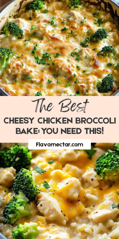 This Pinterest pin showcases the Cheesy Chicken Broccoli Bake. The image features the final dish, a casserole with golden-brown melted cheese on top, giving a warm and inviting look Roasted Broccoli And Carrots, Chicken Broccoli Bake, Chicken Bacon Recipes, Cooked Broccoli, Hot Chicken Sandwiches, Broccoli Bake, Cheesy Chicken Broccoli, Chicken Sandwich Recipes, Fresh Broccoli