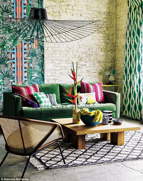 Embrace the organic, relaxed essence of Brazil by layering rustic, mismatched elements with tropical colours and clashing patterns Mid Century Modern Tropical House, Retro Tropical Decor, South American Decor, Vintage Tropical Decor, Tropical Room Decor, Unique Upholstery, Tropical Furniture, Tropical Interiors, Tropical Interior Design