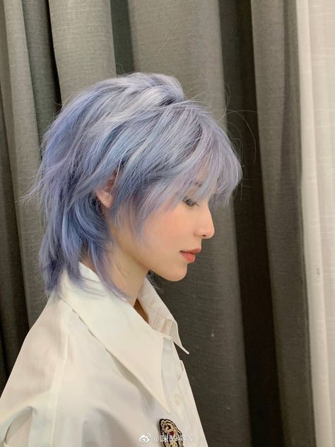 Blue Spiky Hair, Light Blue Wolfcut, Short Pastel Blue Hair, Ice Blue Hair Short, Light Blue Hair Men, Light Blue Short Hair, Colored Undercut, Short Light Blue Hair, Short Jellyfish Hair