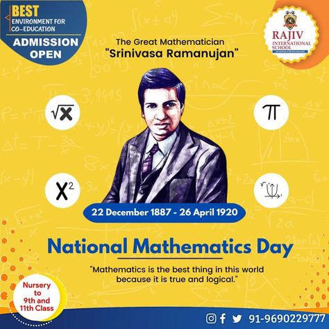 National Mathematics Day is celebrated today across our nation to mark the birth anniversary of Mathematical Genius Srinivasa Ramanujan. Wishing a very Happy National Mathematics Day. #NationalMathematicsDay #SrinivasaRamanujan #maths #mathematicsday2022 National Mathematics Day, Mathematics Day, Srinivasa Ramanujan, School Opening, 22 December, Good Environment, International School, Very Happy, Logic