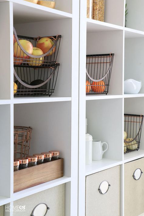 Stylish and functional pantry substitute + food storage tips | Home Made by Carmona | #BHGLiveBetter #ad Ikea Cubes, Organize Kitchen, Suitcase Organization, Kitchen Decorating Ideas, Small Kitchen Organization, Home Management Binder, Cube Shelves, Cube Organizer, Remodel Kitchen