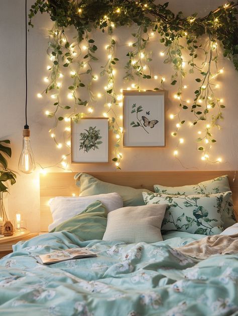 Transform your bedroom into a fairy-tale haven with lush greenery, twinkling fairy lights, and cozy bedding. This serene setup is perfect for a relaxing retreat at home. Start your home bedroom refresh now! #BedroomDecor #HomeRefresh #CozyVibes Bedroom Decor Ideas Fairy Lights, Fairy Lights Loft, Bedroom With Fairy Lights Ideas, Vine Fairy Lights Bedroom, Ivy Fairy Lights Bedroom, Ethereal Bedroom Ideas, Cozy Bedroom Fairy Lights, Pink And Green Bedrooms, Cozy Bedroom Aesthetic Fairy Lights