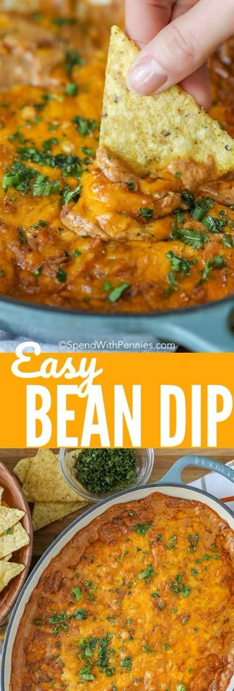 Creamy, cheesy and delicious this easy bean dip recipe is going to become a go-to! Refried beans and cream cheese create the base of this dip while taco seasoning and a handful of chopped jalapenos add lots of flavor (and a little kick)! #spendwithpennies #beandip #refriedbeandip #easydiprecipe #appetizerrecipe #cheesydip Ranch Bean Dip, Party Food Easy Cheap, Easy Bean Dip, Appetizer For A Crowd, Bean Dip Recipe, Cheesy Ranch, Bean Dip Recipes, Diy Easy Recipes, Appetizers For A Crowd