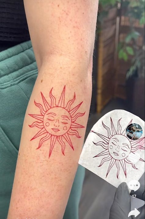 Sun Tattoos, Sun Tattoo, Red Sun, Blue Line, Maple Leaf Tattoo, Moon, Sun, Tattoos, Red