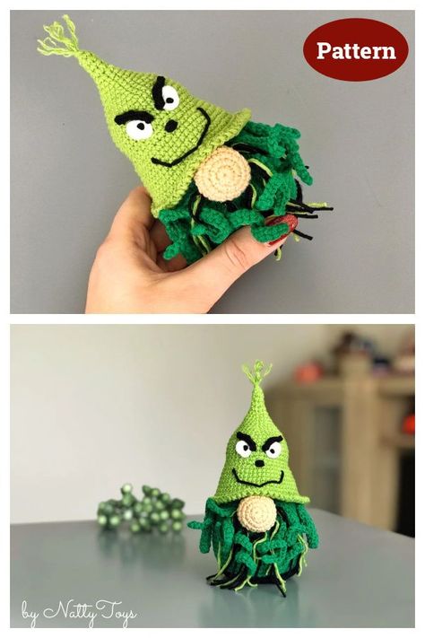 Free Crochet Grinch Patterns, Crochet Grinch, Grinch Gnome, Funny Crochet Gifts, Gnome Amigurumi, Holiday Crochet Patterns, Christmas Crochet Patterns Free, Crochet Snowflake Pattern, Crochet Xmas