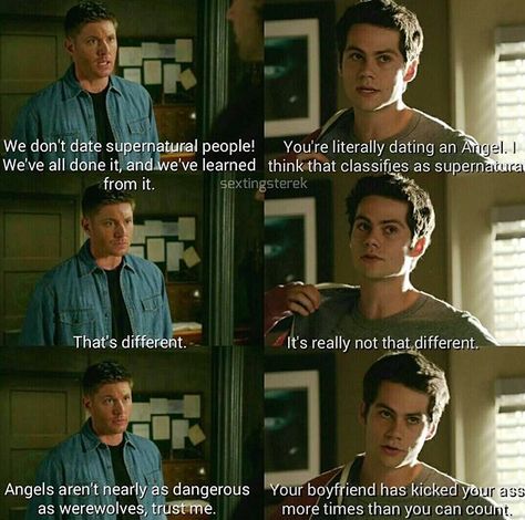 Stiles Winchester Au Sterek I don't ship Sterek at all but I love the combo and the Destiel <3 Stiles Winchester, Supernatural Crossover, Teen Wolf Ships, Teen Wolf Memes, Teen Wolf Funny, About Relationships, Teen Wolf Stiles, Supernatural Destiel, The Proposal