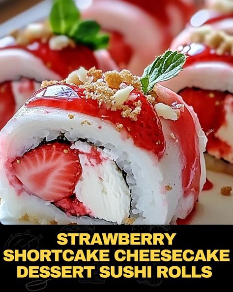 Strawberry Shortcake Cheesecake Dessert Sushi Rolls Dessert Sushi Rolls, Bacon Cheeseburger Meatloaf, Beef Tips And Noodles, Baked Meatloaf, Strawberry Shortcake Cheesecake, Dessert Sushi, Macerated Strawberries, Mexican Casserole Recipe, Cheesecake Dessert