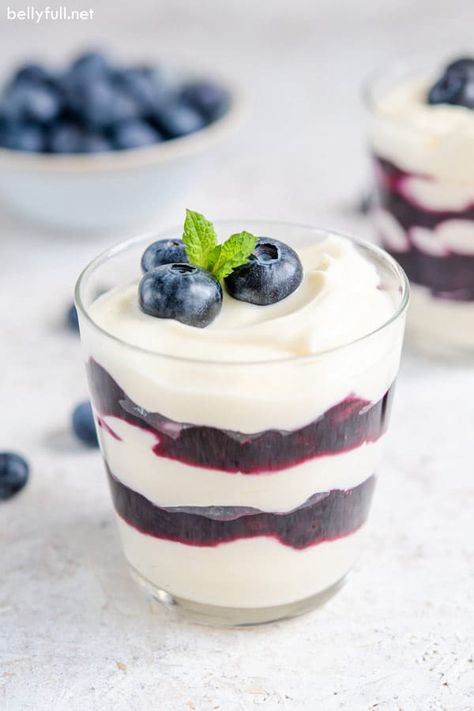 These Blueberry Cheesecake Parfaits are rich, creamy, easy, no-bake, and crazy delicious! Wonderful dessert layered with fresh fruit and luscious mousse. Serve for brunch or after dinner, in the summer or anytime! Ww Sweets, Portable Dessert, Blueberry Lemon Scones, No Bake Blueberry Cheesecake, Berry Parfait, Cheesecake Parfaits, Lemon Scones, Parfait Desserts, Cheesecake Cups