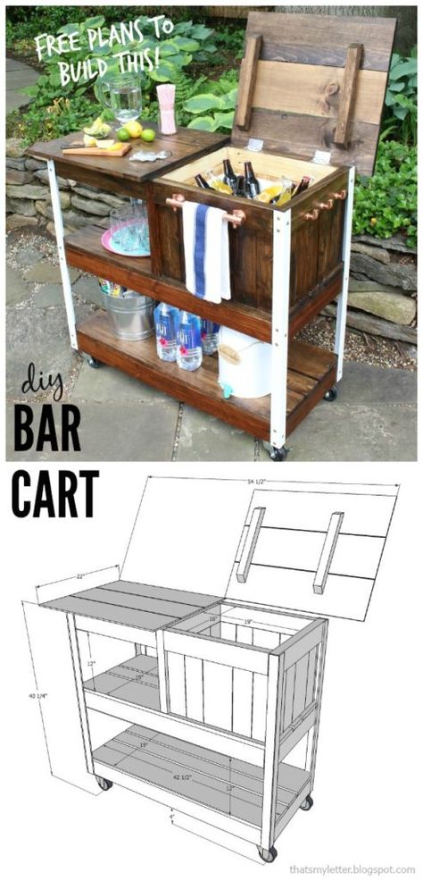 A DIY tutorial to build an outdoor bar cart complete with free plans. Serve and store cold drinks outdoors with this portable bar cart. #barcart #grillcart Diy Grill Cart, Portable Bar Cart, Rustic Bar Cart, Bar Ice Bucket, Bar Mobile, Diy Planters Outdoor, Outdoor Bars, Diy Bar Cart, Grill Cart