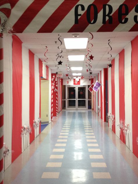 Peppermint forest Candyland Peppermint Forest Decorations, Forest Decorations, Peppermint Forest, Christmas Hallway, School Door Decorations, School Hallways, Kitchen Christmas Gifts, Candyland Christmas, Christmas Kindergarten