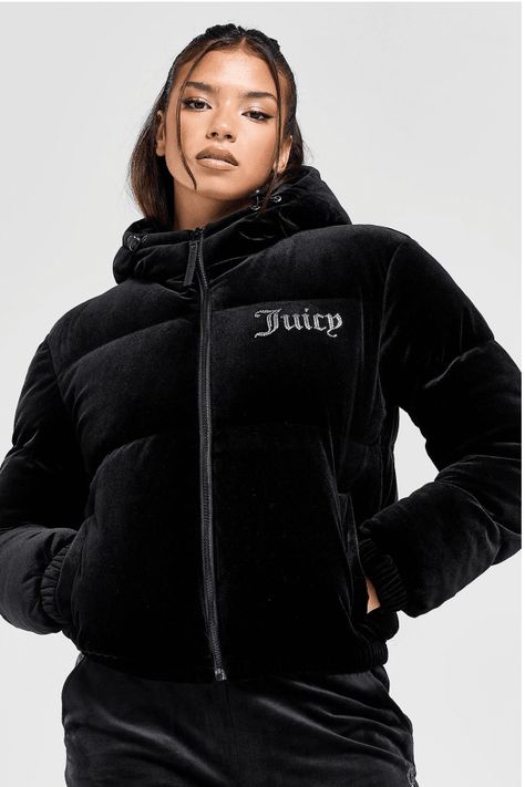 Add A Luxe Touch To Your Outdoor Essentials With This Women's Diamante Velour Padded Jacket. In A Black Colourway, This Jacket Is Made With Super-Soft Velour Fabric For A Signature Look. It Has A Plush Synthetic Fill To Keep You Warm, And Has A Full-Zip Fastening With A Fixed Hood For Cosy Coverage. It Has Elasticated Trims To Secure The Fit, And Is Finished With The Iconic Diamante Juicy Couture Logo At The Back And Chest. | Our Model Is 5'9" And Wears A Size Small.. Material: 100% Polyester Juicy Tracksuit, Juicy Couture Logo, Black Juicy Couture, Juicy Couture Jacket, Couture Jackets, Velour Fabric, Outdoor Essentials, Puffer Jacket Women, Signature Look