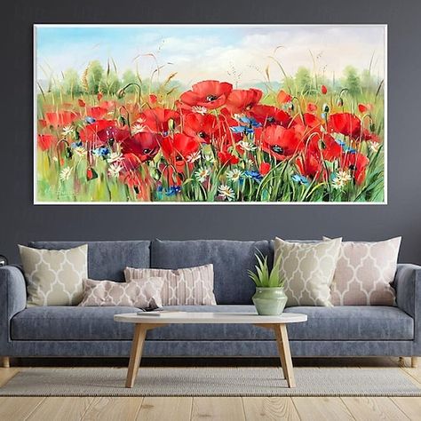 Oil Painting For Living Room, Poppy Field Painting, Painted Poppy, Field Painting, Painting For Living Room, Tree Carving, Hand Painted Decor, Poppy Field, Botanical Painting