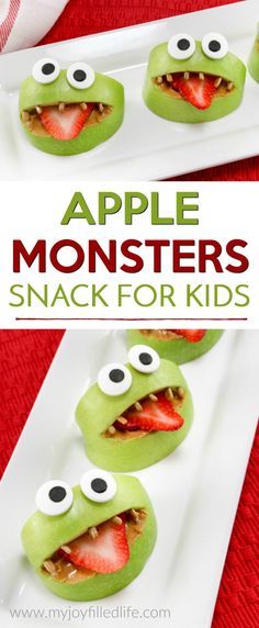 Make snack time fun with these silly apple monsters - easy to make and healthy too. Your kids will love this apple snack. Apple Monsters, Monster Snacks, Apple Snacks, Snack For Kids, Kid Snacks, Apple And Peanut Butter, Fun Snacks For Kids, Oreo Dessert, Halloween Goodies