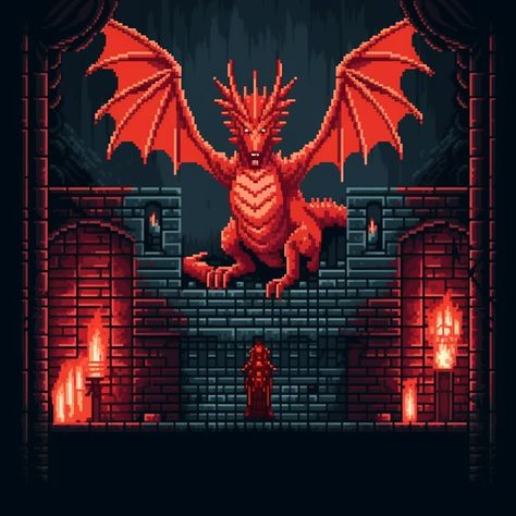 Pixel Art: Red Dragon Red Pixel Art Wallpaper, Pixel Dragon Art, Toxin Marvel, Dragon Pixel Art, Pixel Art Dragon, Pixel Dragon, Dragon Wall Art, Pixel Art Landscape, Art Games