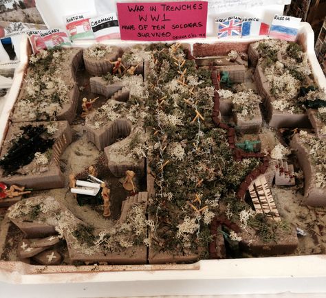 WW1 Trenches by Delina Trench Project Ww1, Trench Warfare Project Ideas, Ww1 Trench Model Project, Ww1 Trench Shoe Box Model Project, Ww1 Display, Cardboard Model, Western Front, History Projects, School Study Tips