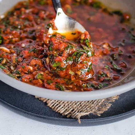 Red chimichurri sauce (chimichurri rojo) with roasted red pepper and smoked paprika to serve with grilled meat, veggies or use as a delicious marinade. The post Red chimichurri Sauce Recipe (Chimichurri Rojo) appeared first on Feasting not Fasting. Red Chimichurri Sauce, Montreal Steak Seasoning Recipe, Red Chimichurri, Chimichurri Sauce Recipe, Fasting Recipes, Chimichurri Recipe, Roasted Red Pepper Sauce, Red Pepper Sauce, Light Meals