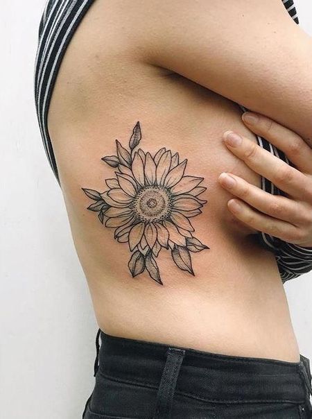 Sunflower Rib Tattoo Girl Rib Tattoos, Sunflower Tattoo Thigh, Sunflower Tattoo Sleeve, Sunflower Tattoo Shoulder, Rib Tattoos For Women, Tattoo Placements, Sanskrit Tattoo, Tattoo Dotwork, Tattoo Convention