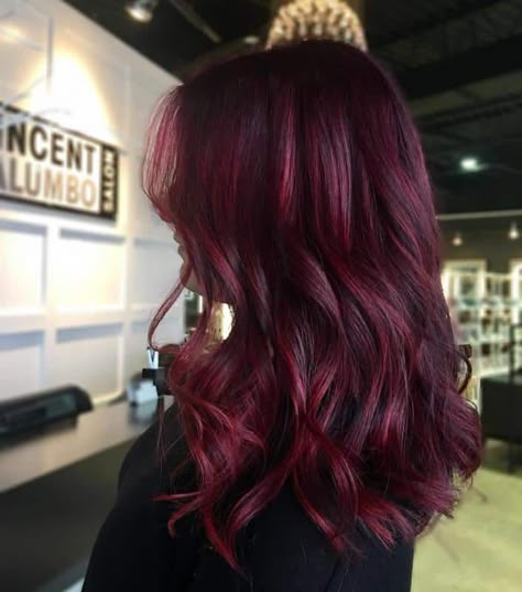 Violet Red Hair With Highlights, Violet Red Hair, Hairstyle With Highlights, Purple Red Hair Color, Sarah Palmer, Crimson Red Hair, Red Violet Hair Color, Red Purple Hair, Red Hairstyle