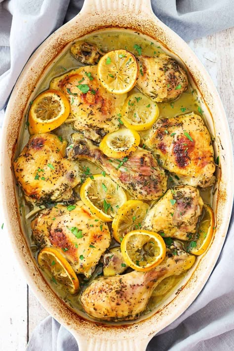 A large oval baking dish filled with lemon roast chicken pieces and lemon slices. Roasted Chicken Pieces, Chicken Pieces Recipes, Lemon Roasted Chicken, Kung Pao Chicken Recipe, Lemon Chicken Recipe, Classic French Dishes, Chicken Pieces, Lemon Slices, Roast Chicken Recipes