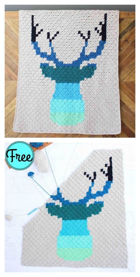 Corner to Corner Deer Afghan Blanket Free Crochet Pattern Deer Blanket, C2c Crochet Blanket, Corner Crochet, Crochet Deer, Corner To Corner Crochet, Crochet Tutorial Pattern, Crochet For Beginners Blanket, Crochet Blanket Afghan, Corner To Corner