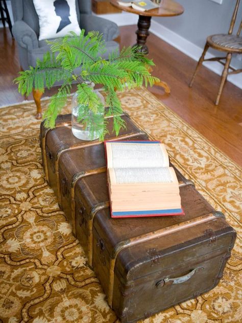 Steamer Trunk Coffee Table in Gray Living Room Aesthetic At Home, Hogwarts Sorting Hat, Steamer Trunk Coffee Table, Wizard Design, Hufflepuff Common Room, Ravenclaw Common Room, Starry Ceiling, Magical Library, Trunk Coffee Table